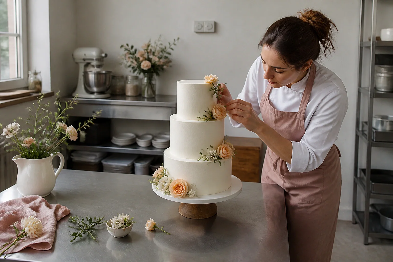 Gâteau de mariage préparé dans un atelier — illustration générée par IA
