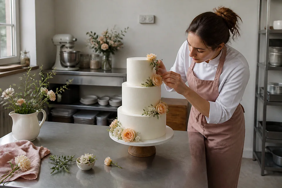 Gâteau de mariage préparé dans un atelier — illustration générée par IA