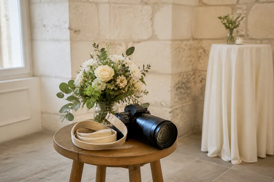 Appareil photo et accessoires de reportage de mariage — illustration générée par IA