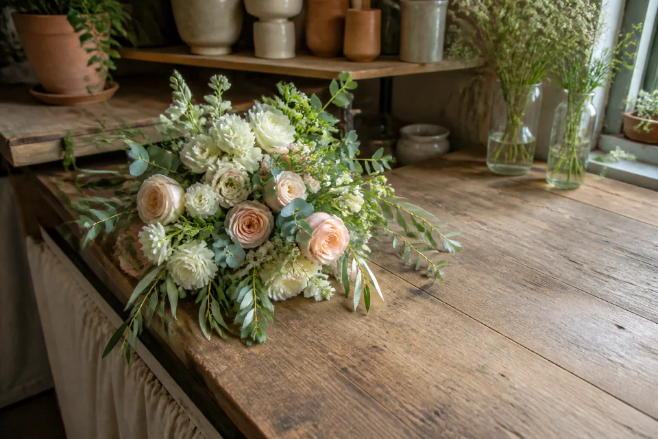 Préparation florale pour un mariage — illustration générée par IA