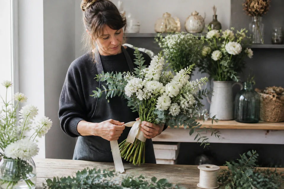 Préparation florale pour un mariage — illustration générée par IA